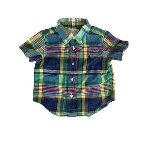Ralph‎ Lauren Toddler Plaid Print Cotton Mesh Madras Polo Shirt 12M Button Down